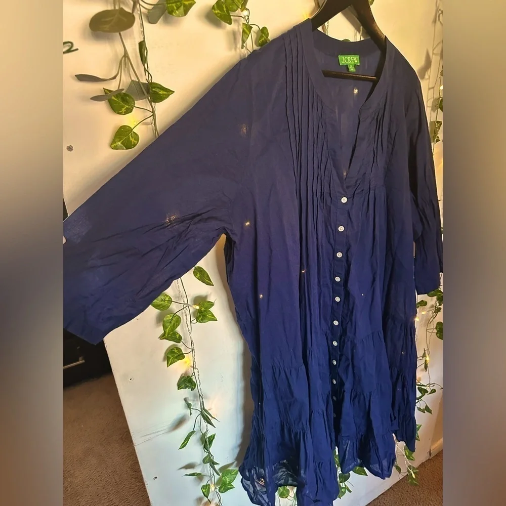 J. Crew Button Front Tiered Cover Up Dress Blue Cotton Voile